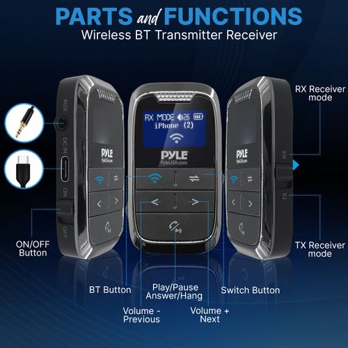 PyleUsa Wireless Bluetooth Streaming Transmitter Receiver - 2-in-1 Audio Adapter for Home Appliances, Car, and Other Uses LCD Display, and AUX Audio Jacks, Bluetooth Version: 5.1 - Pyle PDWM17BT