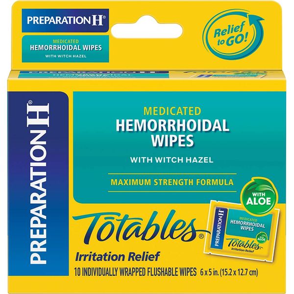 Preparation H Totables Medicated Hemorrhoidal Flushable Wipes with Witch Hazel, Maximum Strength Formula, Gentle Everyday Cleansing with Aloe, Individually Wrapped, 10 ct (Pack of 6)