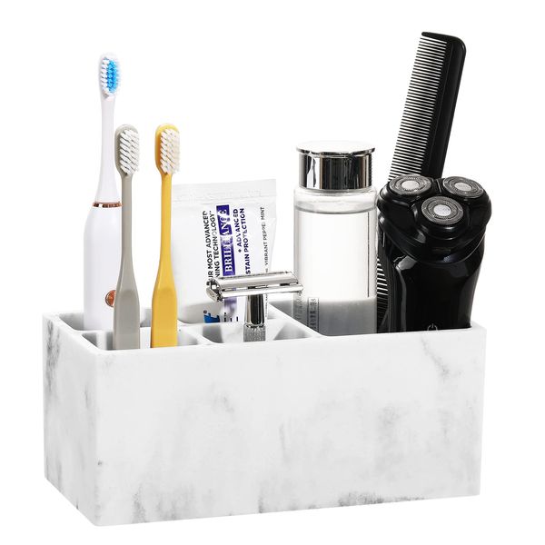 Luxspire Toothbrush Holder for Bathroom, 5 Slots Bathroom Counter Organizer Marble Toothbrush and Toothpaste Holder, Bathroom Accessories for restroom bathroom - Gravel White