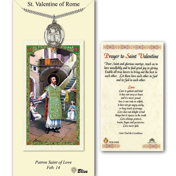 Pewter St. Valentine of Rome medal on an 24 inch Heavy Curb Chain with a Prayer to St Valentine Prayer Card.