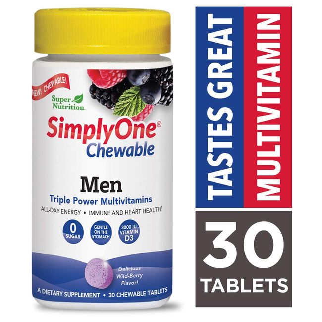 SuperNutrition SimplyOne Multi-Vitamin High-Potency Chewable Tablets for Men, Wild Berry, 30 Count