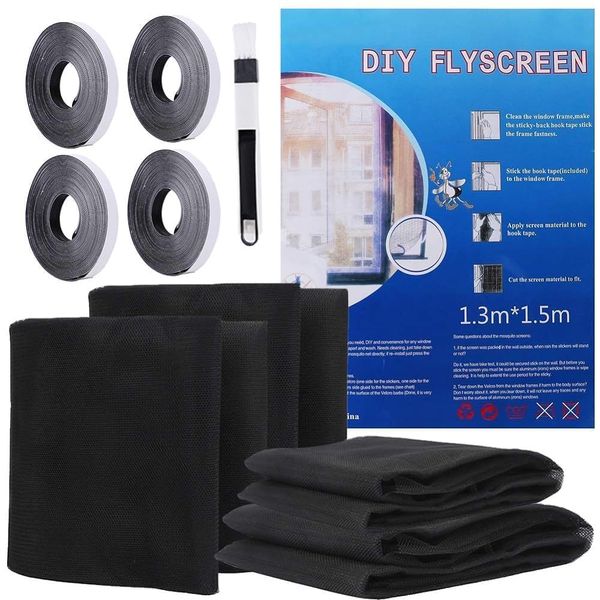 4 Packs Fly Screen for Window, Insect Mesh Window Nets1.3m*1.5m, with 4 Rolls Self-Adhesive Tapes,Cleaning Brush, Black