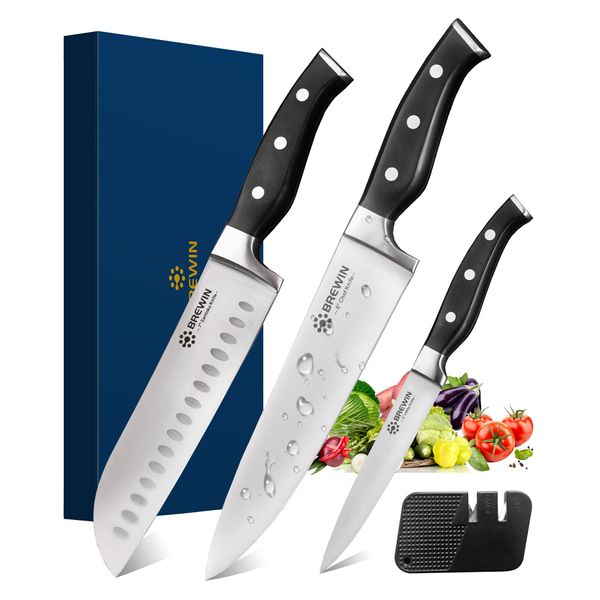 Brewin Professional Kitchen Knives, 3PC Chef Knife Set Sharp Knives Carving Sets for Kitchen High Carbon Stainless Steel, Japanese Cooking Knife with Gift Box