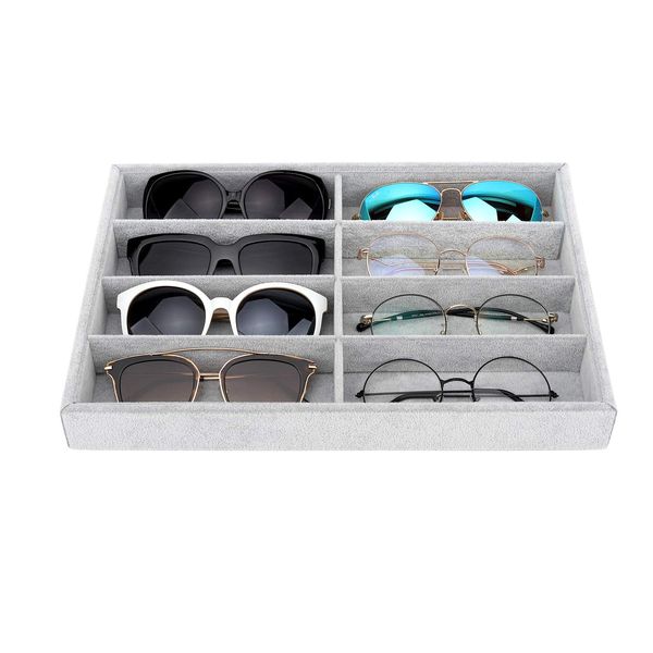 Emibele Glasses Organizer Jewelry Tray, 8 Grids Velvet Tray Watch Storage Stackable Jewelry Showcase Display Storage with Detachable Inner Dividers - Grey