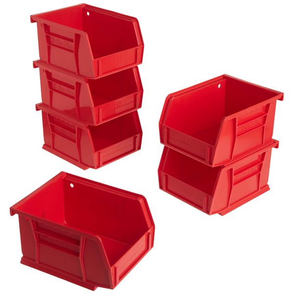 Akro-Mils 30210 AkroBins Plastic Storage Bin Hanging Stacking Containers, (5-Inch x 4-Inch x 3-Inch), Red, 6-Pack