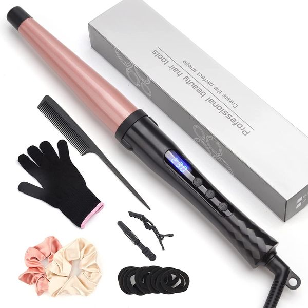 Lockenstab Haarcurler Keramik Beschichtung, 19mm-32mm Lockenwickler, Lockenstäbe mit LCD Display, 100 ℃ -230 ℃ Curling Iron, mit Handschuh Haarspange