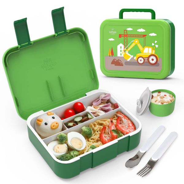 Lehoo Castle Lunchbox Kinder, Brotdose Kinder, 1250ml Bento Box Kinder, mit Gabel und Löffel, Brotdose Kinder Mit Fächern 5 Fächer und Saucenbox, Auslaufsicher, BPA Frei(Bagger)