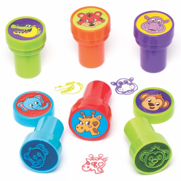 Baker Ross AV308 Selbstfärbende Stempel mit Dschungeltieren, perfekt für Kinder zum Verzieren von Karten, Briefen, ideal für Zuhause, Schule und Bastelgruppen (10er-Pack), sortiert, 20 mm