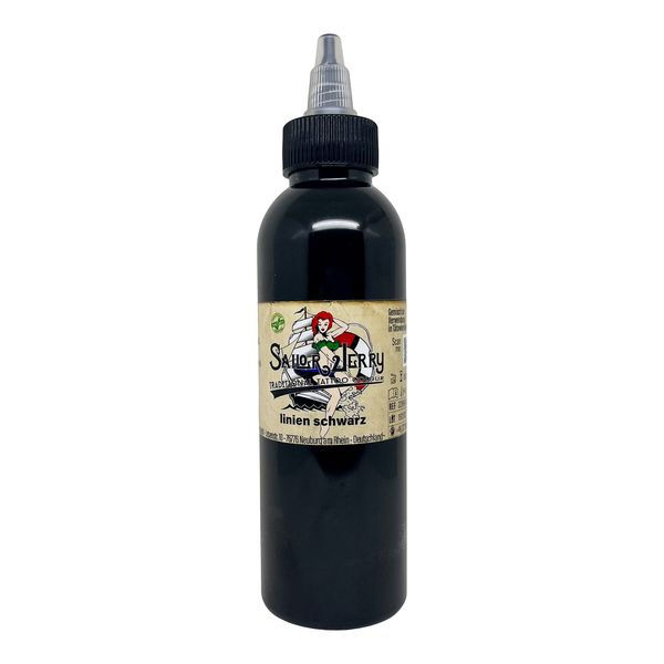 REACH-konforme Sailor Jerry Tattoofarbe, Liner Black (Linien Schwarz), 150 ml. Deutsche Tattootinte, Made in GERMANY. Mit Zertifikat. Tätowierfarbe, Tattoo Ink, deutsche Tattoofarbe, Vertrieb durch HAN-SEN GmbH