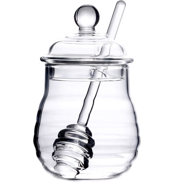 Lawei 300ml Honey Jar with Spoon and Lid Glass Honey Pot with Dipper Heat Resistant Glass Honey Dispenser Glass Container