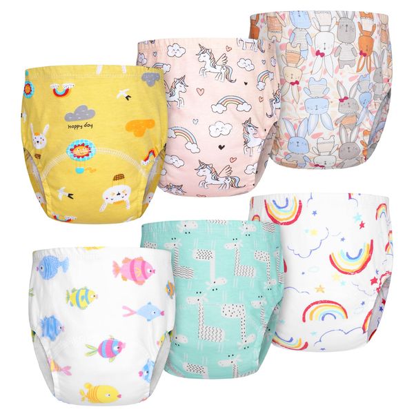 Aolso Potty Training Pants, 6 Packs Reusable Baby Toddler Training Pants, Toddler Training Underwear with Patterns for Girls, 100% Cotton Washable Toilet Baby Training Pants (Girl-100)