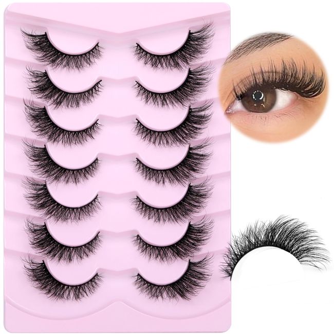 Lashes Natural Look Cat Eye False Eyelashes Mink Fluffy Fox Eye Lashes Wispy 15mm 6D Volume Strip Fake Eyelash Extension Look by PHKERATA, 7 Pairs Pack