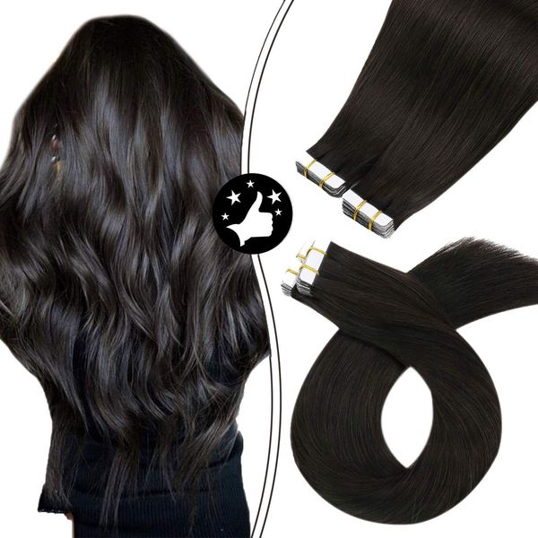 Moresoo Tape in Black Hair Extensions Human Hair 40 Pieces Brazilian Hair Extensions Tape in 16 Inch Straight PU Tape in Hair #1B Off Black Seamless Hair Extensions Adhesive Tape ins Thick End 100g