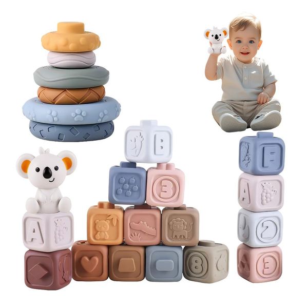 TMYIDO 2 in1 Soft Stacking Building Blocks Rings Sets,Montessori Toys for Babies 6 12 18 Months,Early Learning Toys 06-12 Months and Squeeze Stacker and Soft Teething Toys for Babies