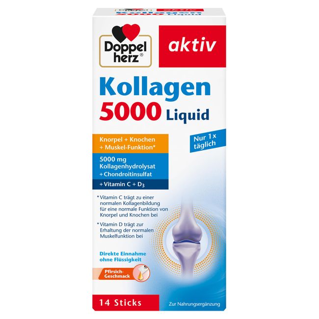 Doppelherz Kollagen 5000 Liquid - mit Kollagenhydrolysat, Chondroitinsulfat, Vitaminen und Mangan - 14 Sticks mit Pfirsich-Geschmack