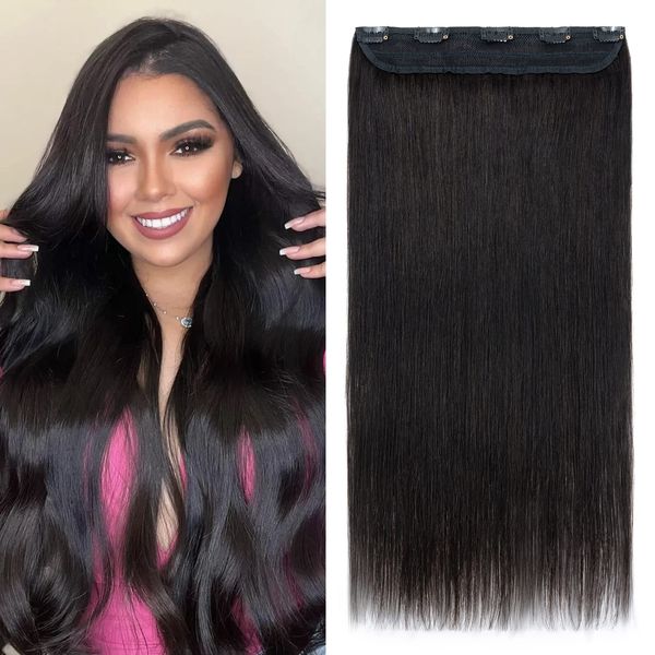 One Piece Hair Extension Clip in Human Hair 24inch Thick 100% Real Remy Hair Straight 3/4 Half Head (24"-105g, #1B Natural Black)