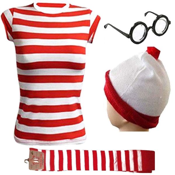 Gizelle LADIES WOMEN'S GIRLS WHERES WALLY STRIPS T-SHIRT KIT HEN PARTY COSTUME BOOK DAY (M, Red & White)