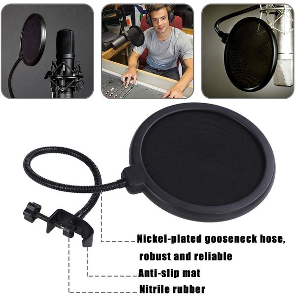 PIQIUQIU Popschutz, Mikrofon Popschutz Mic Windschutz Pop Filter für Mikrofon, Mit 360° Flexiblem Schwanenhals und Stabilisierungsarm - 6 Zoll