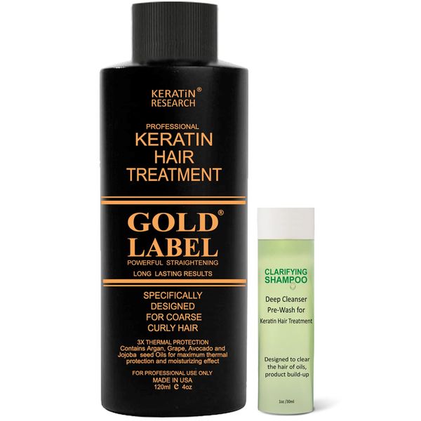 Gold Label 120ml Professional Results Brazilian Keratin Blowout Hair Straightening Treatment with Clarifying Shampoo Enhanced Specifically Designed for Coarse Curly Hair