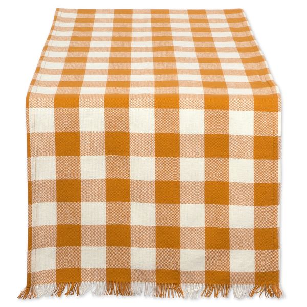 DII Heavyweight Fringed Check Tabletop Collection, Table Runner, 14x108, Pumpkin Spice