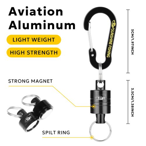 SF Strongest Magnetic Release Holder Keychain Fly Fishing Net Retractor Magnet Clip with Coiled Lanyard Carabiner - Black