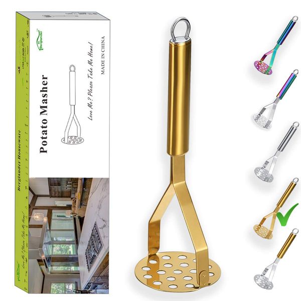 Berglander Potato Masher, Heavy Duty Stainless Steel Gold Potato Ricer With Titanium Plating, Masher, Kitchen Masher, Vegetable Fruit Masher (Gold)