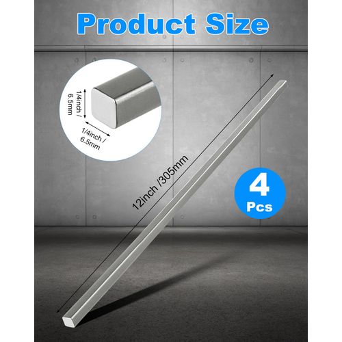 Rocaris 4 Pcs 1/4" x 1/4" x 12" Hot Rolled Steel Square Bar, Weldable A36 Key Stock Steel Rod for Various Mechanical Parts or DIY Project