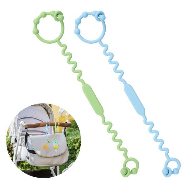 Vicloon Silicone Toy Clip, 2Pcs Toy Safety Straps, Food Grade Silicone Pacifier Clips Sippy Cup Strap, Adjustable Stroller Pacifier Strap Hanging Toys, Baby Toy Anti Drop Chain (Blue/Green)