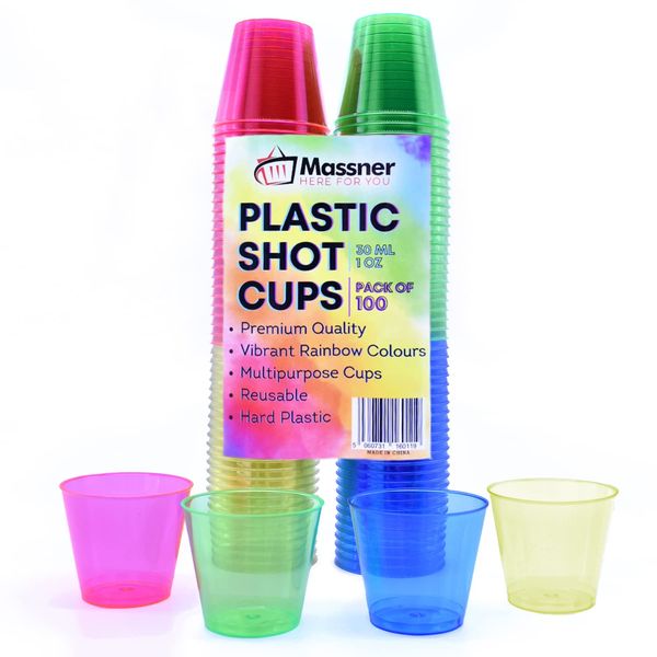 MASSNER 100 Shot Glasses Plastic Reusable - 30ml Colourful Shot Glasses Premium Hard Plastic Jelly Shots Cups