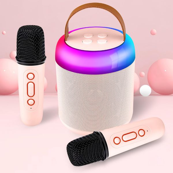 Kids Karaoke Machine, Portable Bluetooth Speaker with 2 Wireless Microphones, Dynamic Lights Karaoke Machine for Kids, Birthday Party Home, Outdoor(White) (Pink)