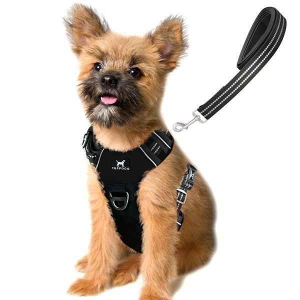 TUFFDOG Easy-Fit Dog Harness Small Dog - Fast Release Neck Clip, Premium Padded Reflective No Pull Harness with Control Handle, Adjustable Step-in Dog Vest Plus Free Matching Lead (S, Raven Black)