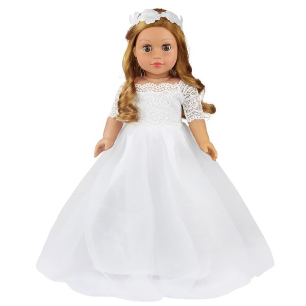 ZITA ELEMENT 2 Piece 18 Inch Doll Clothes Outfits Little Angel - White Satin and Tule Holy First Communion Dress with Hairband Gift for Girls (Doll not Included)