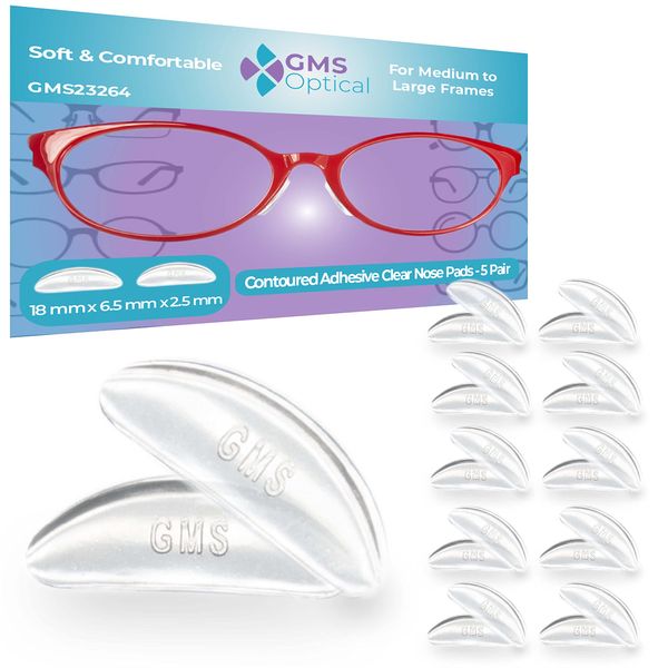 GMS Optical® 2.5 Thick / 18mm Long Length - Anti-Slip Adhesive Contoured Soft Silicone Eyeglass Nose Pads with Sticky Backing for Glasses, Sunglasses, Eye Wear (5 Pair 2 Pack) (10 Pair Total) (Clear)