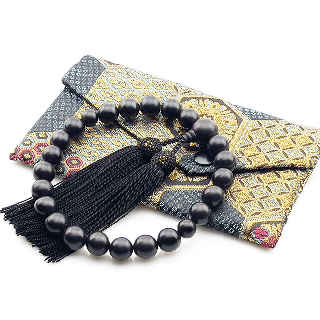 Ebony Prayer Beads for Men, Ebony, Pure Silk Bunch, 22 Beads, Nishijin Weave Golden Brocade Mala Bag, Prayer Beads, Prayer Beads, Funeral, Funeral, Vigor, Money-back