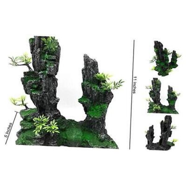 Aquarium Mountain View Stone Ornament Tree Rock Cave Fish Tank Medium Green