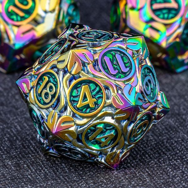 KERWELLSI Metal DND Dice Set D&D, 7Pcs Nature Vines Leaf Dungeons and Dragons Role Playing Dice with Gift Box, Rainbow Green Polyhedral Handmade RPG D and D Game Dice D20 D12 D10 D8 D6 D4