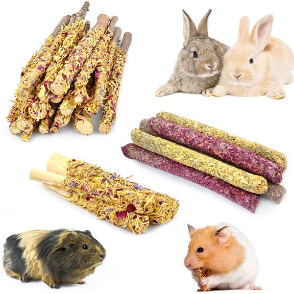 VCZONE Bunny Chew Toys for Rabbits, 29PCS Natural Apple Wood Sticks with Petals Good and Timothy Grass Carrot Sticks Chew Toys Treats for Chinchillas Guinea Pig Hamster Teeth Care