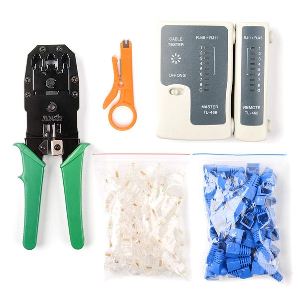 IWISS LAN Cable DIY Tool Kit, Crimping Pliers (with Stripper), LAN Cable Tester, Connectors, 100 Pieces, Single Wire Specifications, Compatible with CAT6, 6-Piece Set