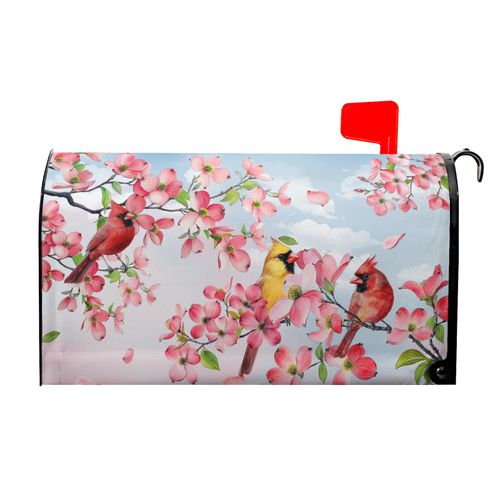 Anyako Spring Summer Pink Sakura Flowers Mailbox Covers Magnetic Standard Size 18" X 21",Spring Yellow Red Cardinal Birds Mailbox Wraps Post Letter Box Spring Cover for Holiday Garden Yard Decor