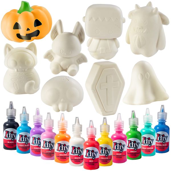 Halloween Party Craft Kit Jumbo Squishies (8 Unique Spooky Shapes w 12 Fabric Paints)-White Kawaii Scented Slow Rise Squishy Toys, Decorating, Scented Stress Craft, Kids Birthday Activity Gift (4-6")