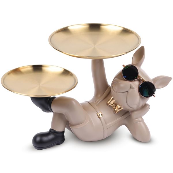 Suruim Resin Bulldog Statue with Two Storage Trays French Bulldog Storage Tray Statue Strange Key Holder Bowl Dog Decoration Very Cool Office Desk Decoration (Brown -2)