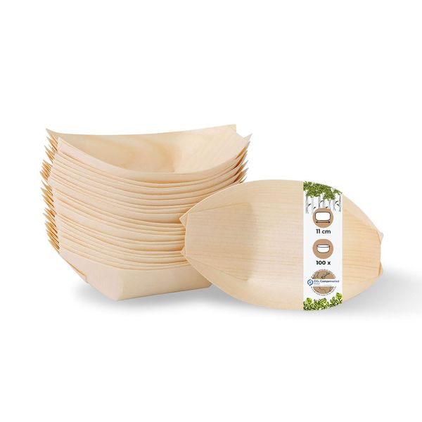 BIOZOYG 100 Stück Buffet Zubehör Snackschalen Holz 11 cm - Alternative für Bambus Teller Einweg naturbelassen - Einweggeschirr modern - Catering-Zubehör Holzschalen