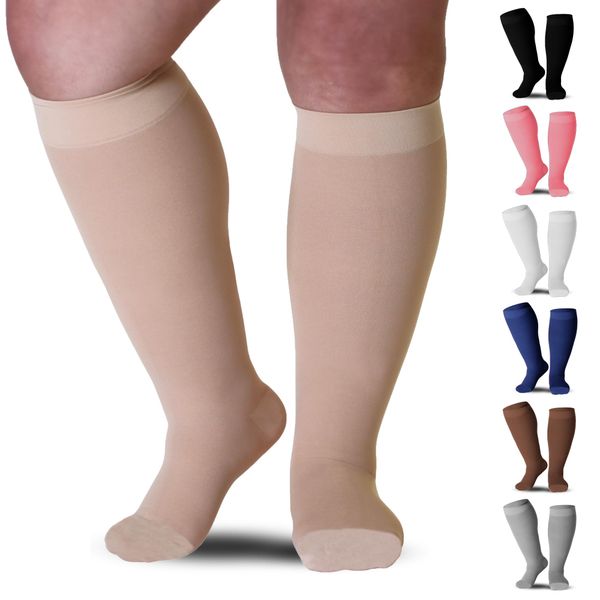 Mojo Compression Socks Opaque Beige XX-Large Knee-Hi Medical Socks for Venous Insufficiency, Swelling, & Post-Thrombotic Syndrome