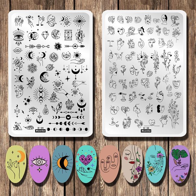 2pcs Large Size Stencil Plate Abstract Face Galaxy Nail Stamp Nail Plate Moon Star Space Nail Stamping Plate Mixed Flower Leaf Starry Sky Stainless Steel Nail Set Stencil Plate