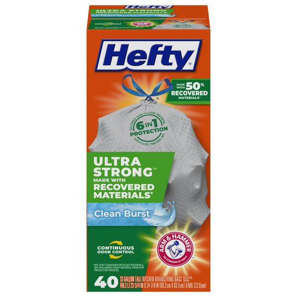 Hefty Ultra Strong Made with 50% Recovered Materials* Tall Kitchen Trash Bags, Gray, Clean Burst, 13 Gallon, 40 Count