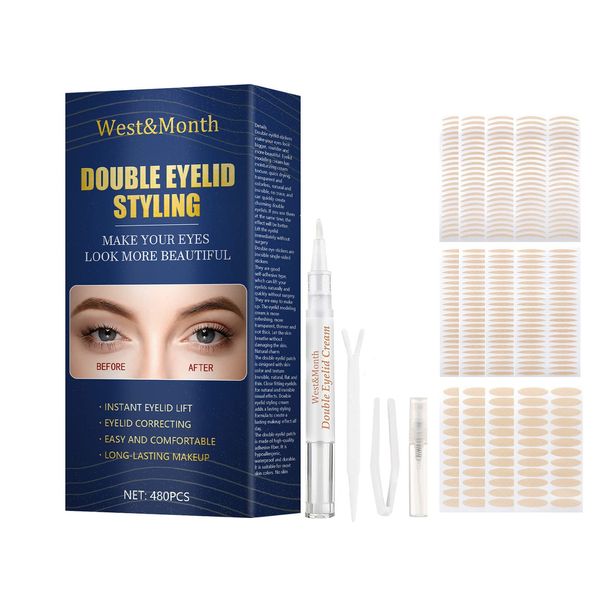 Eyelid Tapes, Double Eyelid Stickers, Invisible Fiber Double Eyelid Makeup Kit,Self-Adhesive Eye Tapes Fiber for Mono-eyelids, Big Eye Tools with Fork Rods & Tweezers(480PCS)