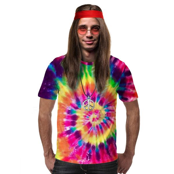 iZoeL 70er Kostüme 5tgl. Hippie T-Shirt Perücke Brille Peace Halskette Stirnband - Herren Damen 70er Jahre Bekleidung Karneval Fasching Fastnacht