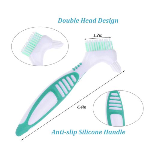 Pack of 4 Portable Denture Cleaning Brushes with Moderate Multilayer Bristles, Double-Sided Brush for Cleaning False Teeth - 4 Colours