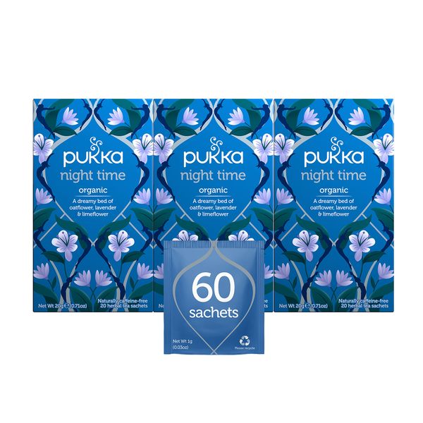 Pukka Organic Tea Holiday Bags, Night Time Herbal Tea with Chamomile, Lavender & Valerian, Perfect for Easing into a Soothing Sleep, 20 Count (Pack of 3) 60 Tea Bags