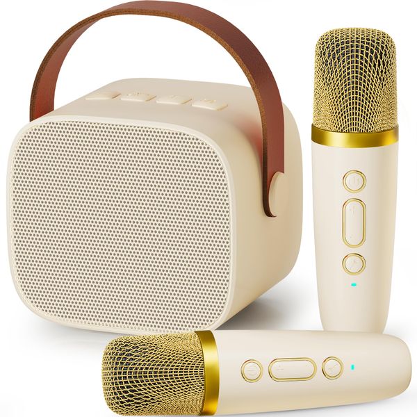 Kingci Mini Karaoke Machine for Kids, Ideal Christmas Birthday Gifts for Girls Boys Teens Adults, Karaoke Wireless Microphone for 4 5 6 7 8 9 10 11 12+ Year Old Girls Family Home Party (Beige)